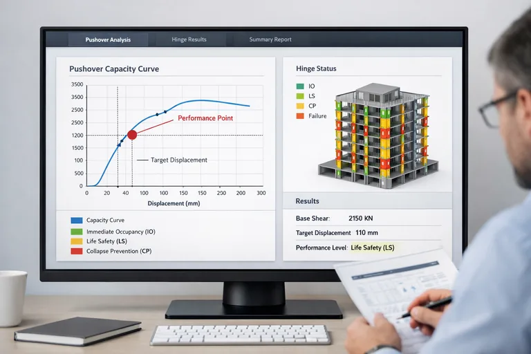 Pushover kapasite eğrisi üzerinde performans noktasının işaretlendiği ve plastik mafsal dağılımının katlara göre renklendirildiği ekran