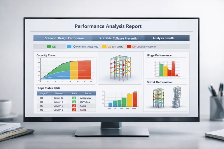 SAP2000’den çıkan performans özetinin rapor formatına dönüştürüldüğü, senaryo ve hasar sınırlarının net yazıldığı masaüstü çalışma düzeni