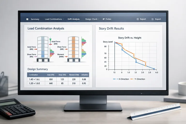 Kesit kuvveti diyagramları, kolon-kiriş iç kuvvet tablosu ve kat deplasman grafiğinin aynı rapor çıktısında gösterilmesi