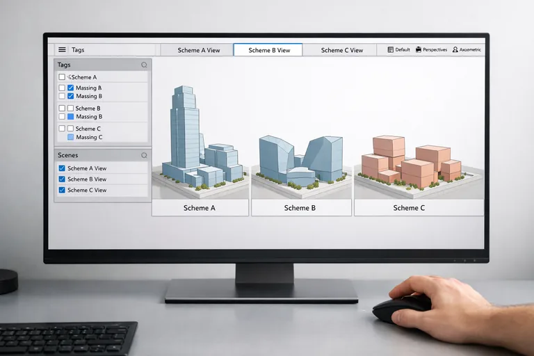 Bir konsept modelde etiketlerle alternatif kütlelerin hızlı açılıp kapandığı ve sahnelerle sunuma hazırlandığı çalışma düzeni