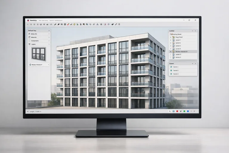 Dijital mimari modelde pencere ve kapı bileşenlerinin düzenli şekilde tekrar kullanıldığı yapı tasarımı