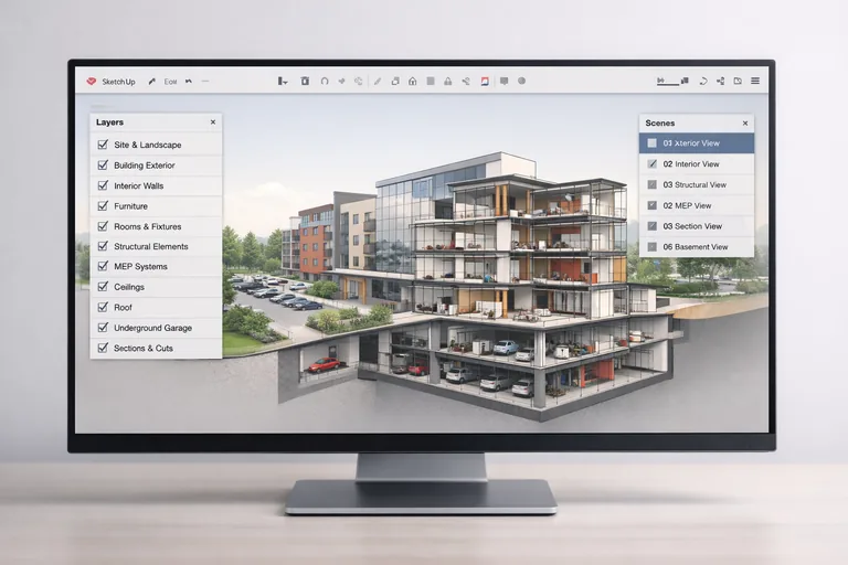 Katmanlara ayrılmış mimari proje modelinde farklı yapı öğelerinin görünürlük kontrolü yapılan düzenli tasarım