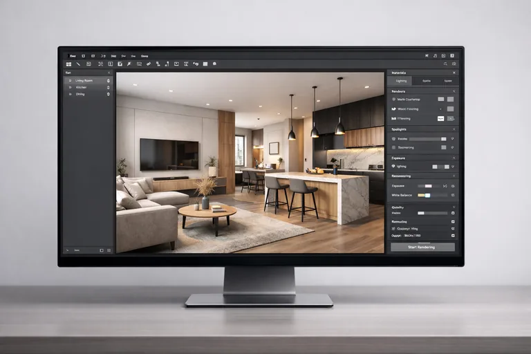 Gerçekçi malzemelerle hazırlanmış modern iç mekan modelinin render öncesi üç boyutlu tasarım görünümü
