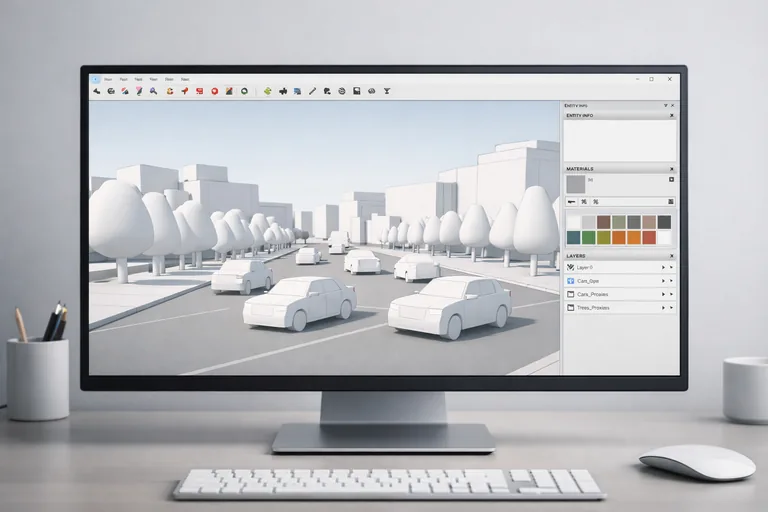 Ağır ağaç ve araç modellerinin proxy versiyonlarla değiştirilerek sahnelerin akıcı şekilde dolaştırılması ve dosyanın hafiflemesi