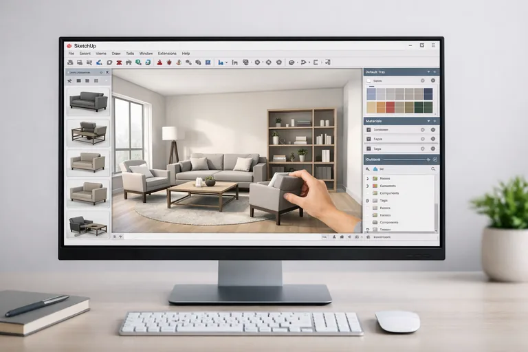 İç mekân tasarımında salon düzeni oluşturulurken masa, koltuk ve aydınlatma elemanlarının üç boyutlu yerleşim planı hazırlanması
