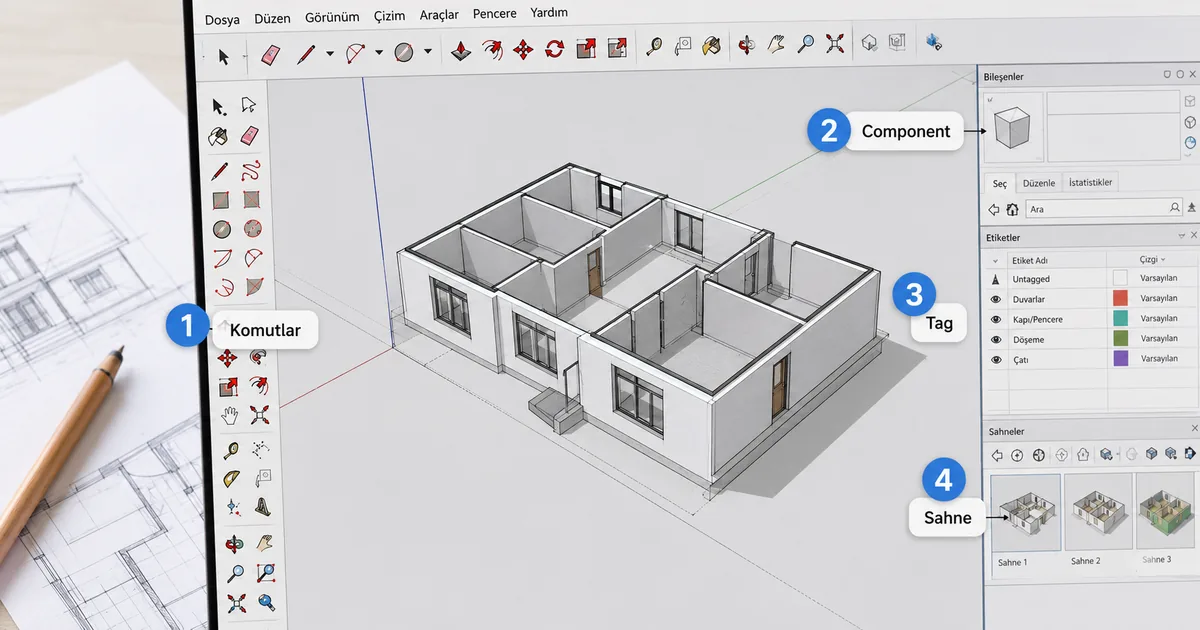 SketchUp Türkçe arayüz öğrenme adımları numaralı açıklamalar SketchUp arayüzü Türkçe menülerle numaralı yol haritası adımları ve temel komutlar açıklaması