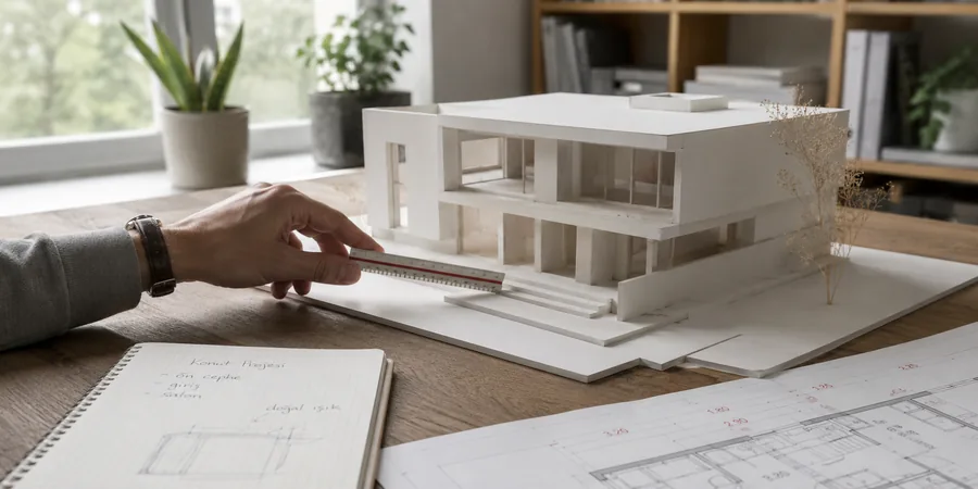 SketchUp öğrenme süreci mimari ofis masa düzeni Mimarlık ofisinde SketchUp ile çalışan masa düzeni karton maket pafta ve ölçü aleti