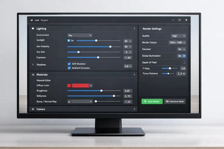 bilgisayar ekranında render motoru ayar paneli ve ışık materyal parametreleri üzerinde yapılan optimizasyon çalışması