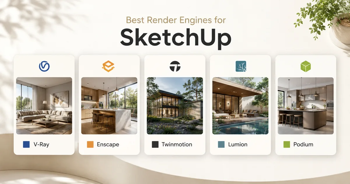 SketchUp render motorları kıyaslama tablosu SketchUp ile uyumlu V-Ray Enscape Twinmotion Lumion Podium render motorlarının kıyaslamalı sunum kartı