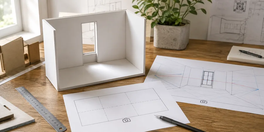 Render için iki nokta perspektif ve kompozisyon SketchUp sahnede iki nokta perspektif kamera ayarı ve iç mekan kompozisyon kuralları