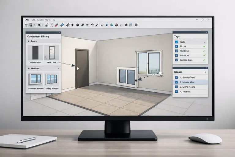 Bir projede kapı ve pencere komponentlerinin aynı kütüphaneden çağrılıp sahnelerde etiketlerle kontrol edilmesi