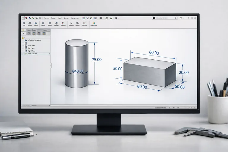 Silindir ve prizma tabanlı mekanik parçaların SolidWorks içerisinde ölçülendirilerek oluşturulduğu modelleme süreci