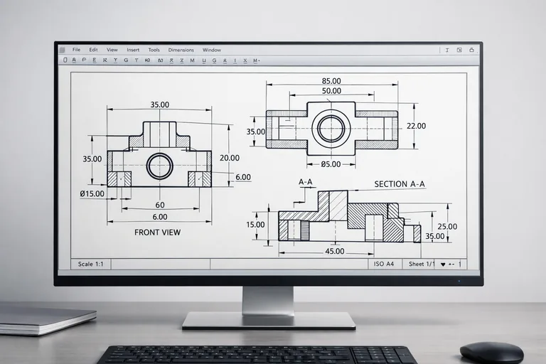 Bir mekanik bileşenin ön, üst ve yan görünüşleri ile ölçülendirilmiş teknik çizim sayfası düzeni