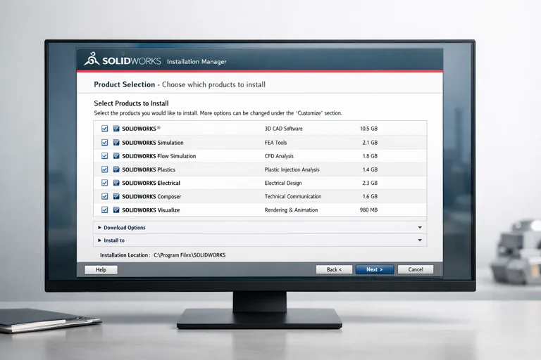 Bilgisayar ekranında SolidWorks installation manager arayüzü ile ürün bileşenleri seçilirken mühendislik yazılımı kurulumu hazırlanıyor
