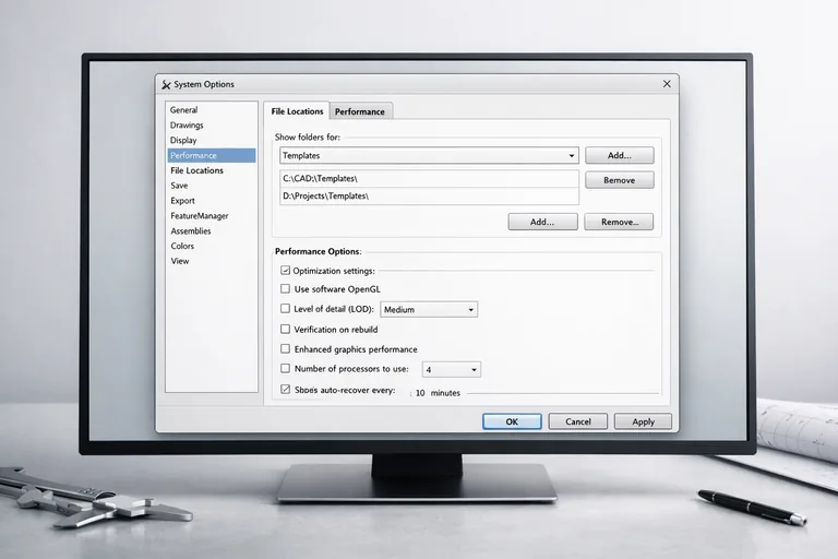 CAD yazılımı ayarlar penceresinde dosya konumlarının düzenlenmesi ve performans seçeneklerinin yapılandırılması gösteriliyor