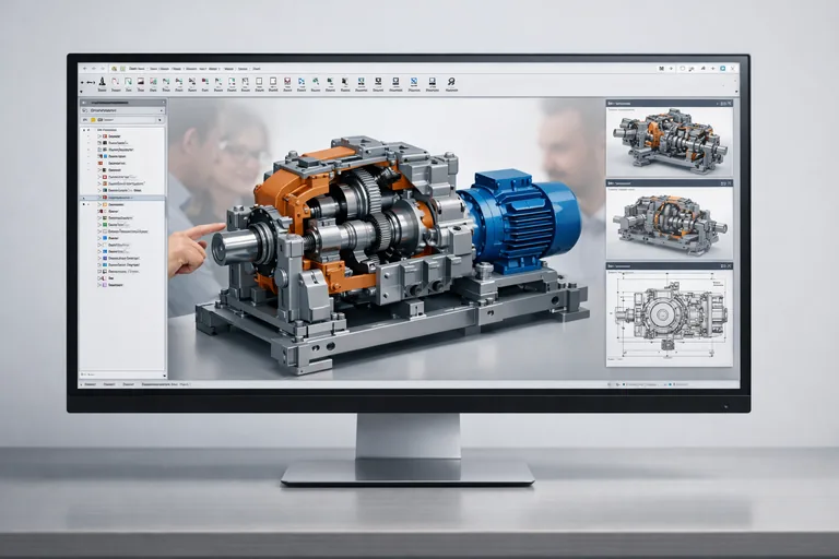 Endüstriyel tasarım ekibi büyük montaj modeli üzerinde çalışma yaparken bilgisayar ekranında karmaşık makine sistemi gösteriliyor