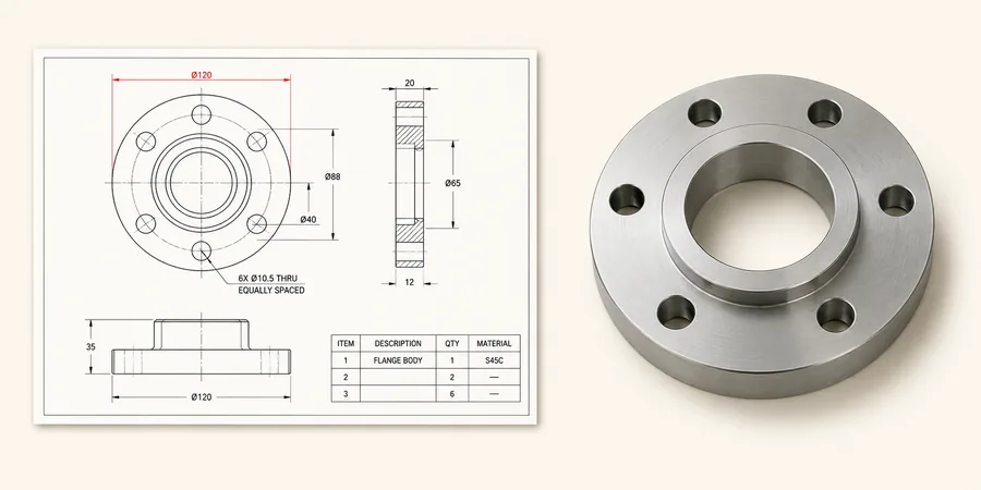 SolidWorks teknik resim paftası BOM tablosu ve mekanik flanş parçası ahşap masa üzerinde