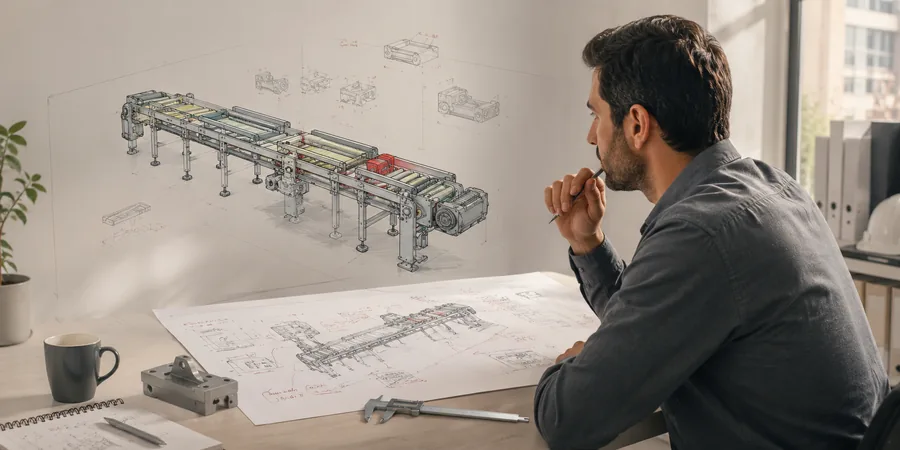 Mekanik mühendis büyük endüstriyel hat ekipmanı assembly modelini geniş çift monitörde inceliyor ve ölçü alıyor
