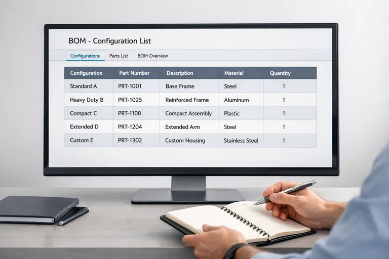 Montaj BOM tablosunda farklı konfigürasyonların ürün kodu ve malzeme alanlarıyla birlikte listelenerek kontrol edilmesi
