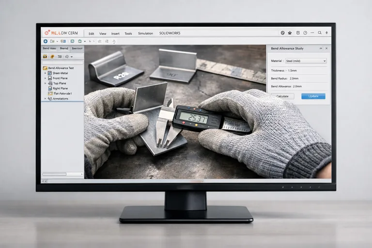 Sac metal test kuponlarında farklı büküm açıları ve ölçülen flanş boylarının kumpasla kontrol edilmesi