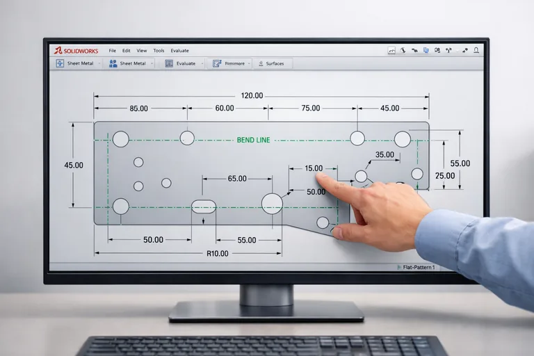 Açınım görünümünde büküm çizgileri ve delik yerleşiminin ölçülendirilerek imalat öncesi doğrulanması
