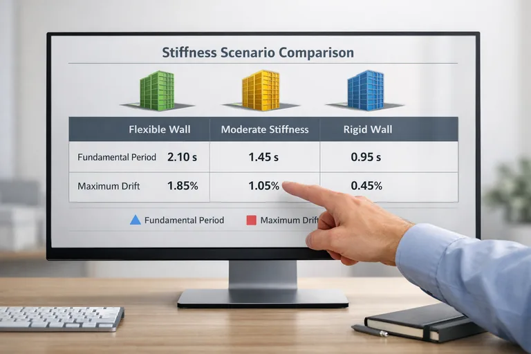 Üç farklı perde rijitlik senaryosunda birinci periyot ve maksimum kat ötelenmesi sonuçlarının yan yana karşılaştırıldığı rapor tablosu
