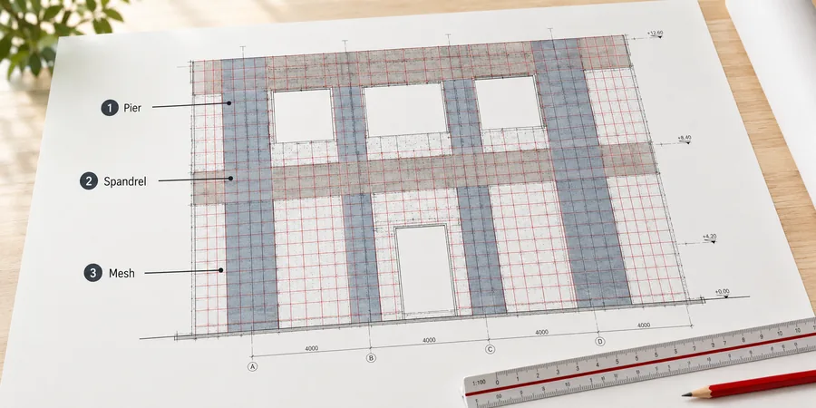 Boşluklu betonarme perde duvarda pier ve spandrel etiketleri ile mesh ağı gösterimi