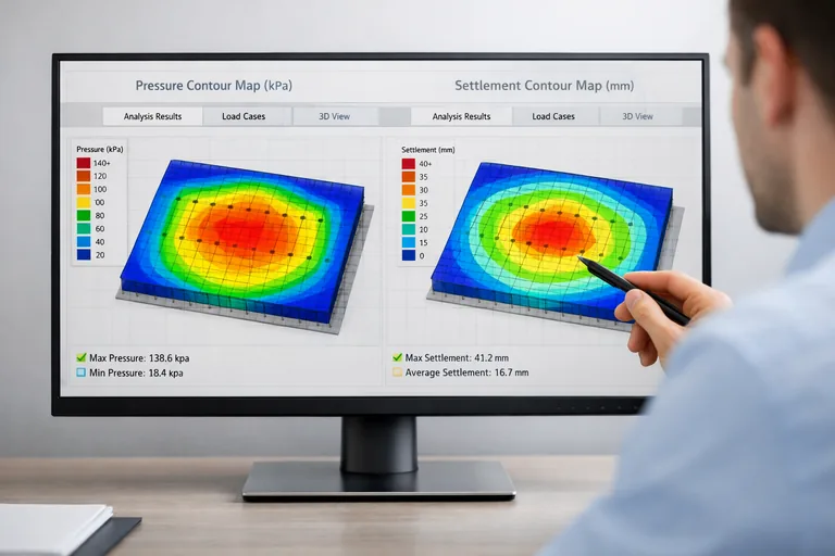 Radye temel temas basıncı konturunun maksimum ve minimum bölgeleriyle gösterildiği ve aynı ekranda oturma haritasının karşılaştırıldığı çıktı