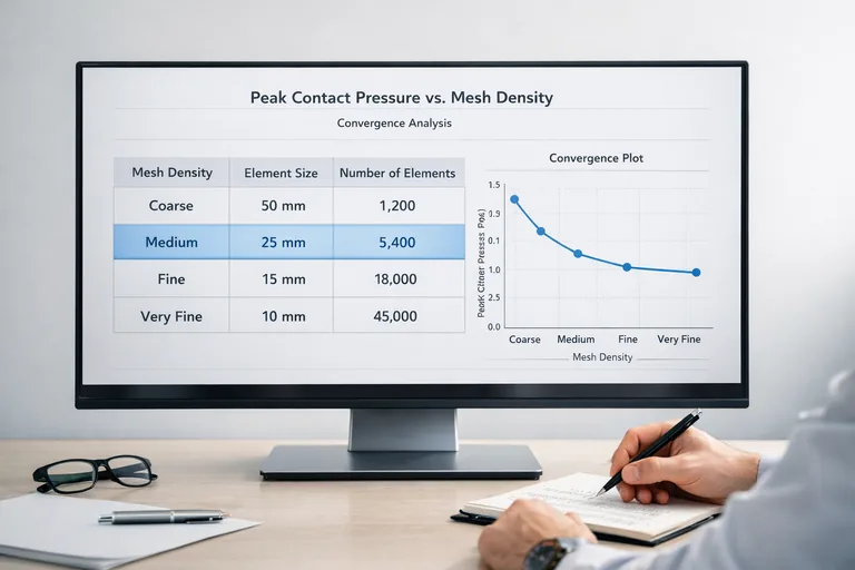 Farklı mesh yoğunluklarında temas basıncı tepe değerlerinin yakınsama tablosu ve seçilen mesh boyunun işaretlendiği kontrol sayfası