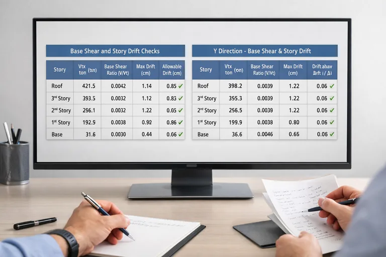 STA4CAD’de X ve Y doğrultusu taban kesmelerinin yan yana karşılaştırıldığı ve kat ötelenme oranlarının limitlerle kontrol edildiği tablo
