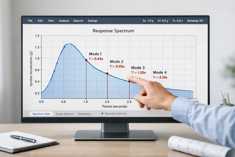 STA4CAD spektrum eğrisinin grafik üzerinde gösterildiği, model periyotlarının işaretlenerek hangi bandda kaldığının kontrol edildiği görünüm