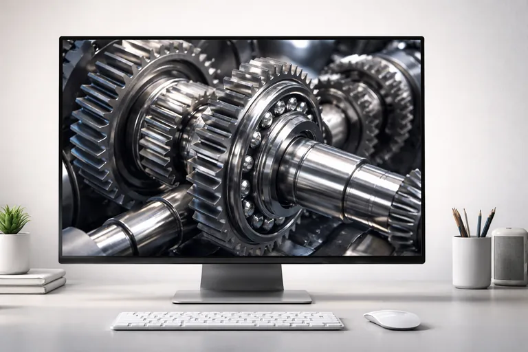 Metal dişliler ve rulmanların bir makine şaftı üzerinde montaj aşamasında yer aldığı mekanik sistem düzeni