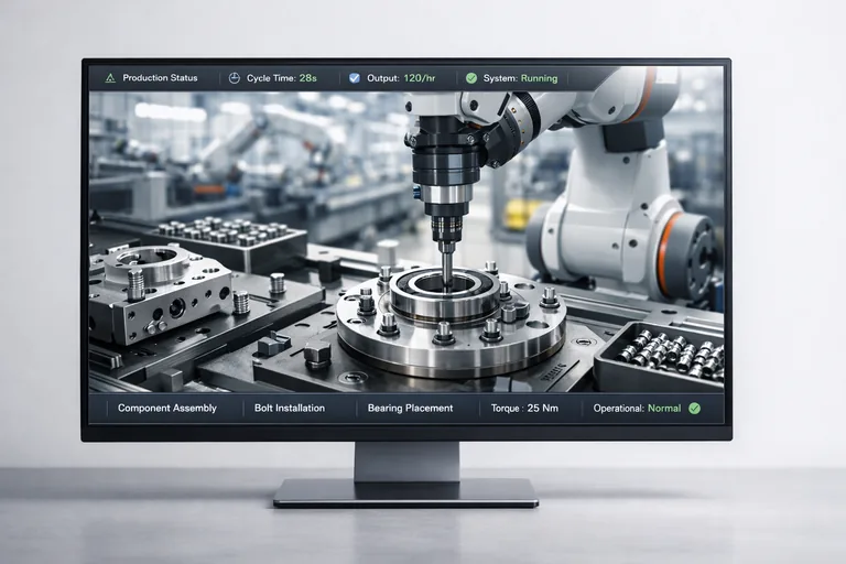 Bir üretim hattında otomatik montaj robotunun civata ve rulman yerleştirerek mekanik sistem oluşturması