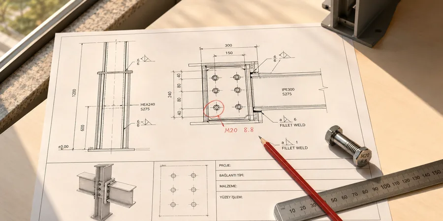 Çelik kolon kiriş assembly atölye paftası bolt grubu ölçüleri ve kaynak sembolleri ile detay anotasyonları