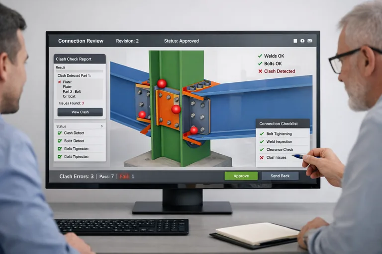 Revizyon sonrası aynı birleşim bölgesinde çakışma kontrolü ve güncellenmiş plaka cıvata yerleşiminin incelenmesi