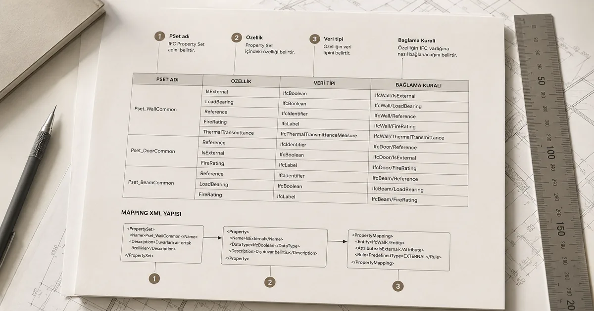 IFC property set konfigürasyon XML yapısı, PropertySetBind kuralları ve UDA bağlama tablosu örneği