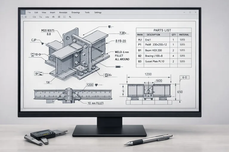 Montaj çizimi paftasında cıvata grupları, kaynak sembolleri, parça listesi ve kesit görünüşlerinin düzenli sunumu