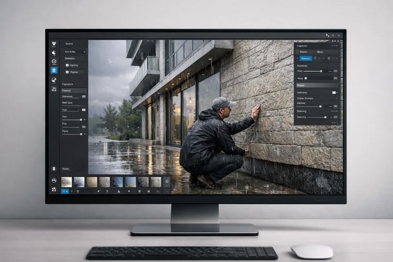 Twinmotion’da yağmurlu hava senaryosunda ıslak zemin yansımalarının ve bulutlu gökyüzünün cephe malzemesine etkisinin incelenmesi
