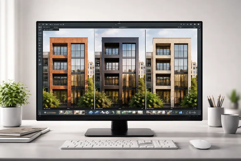 Twinmotion’da aynı cephe için terracotta metal ve taş kaplama seçeneklerinin aynı kamera açılarıyla yan yana karşılaştırılması