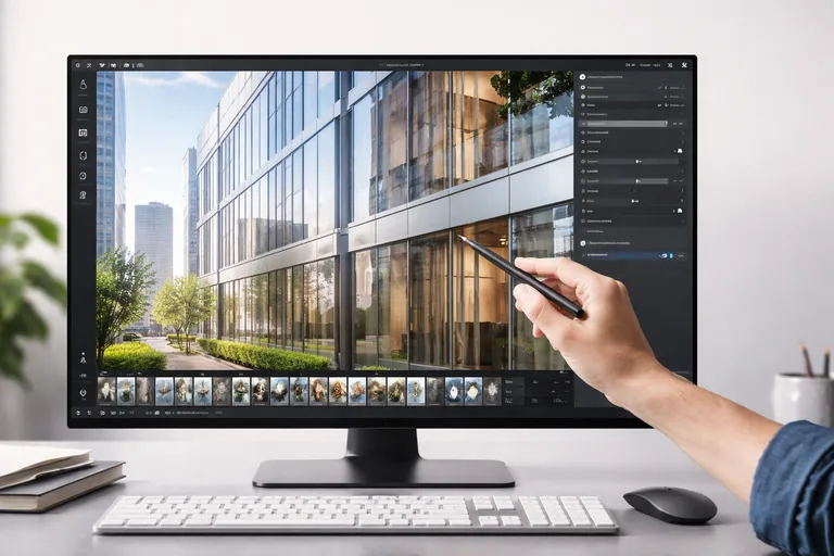 Twinmotion’da aktarılan BIM modelde cam cephe ve metal doğrama malzemelerinin doğru göründüğünün kontrol edildiği bir sahne