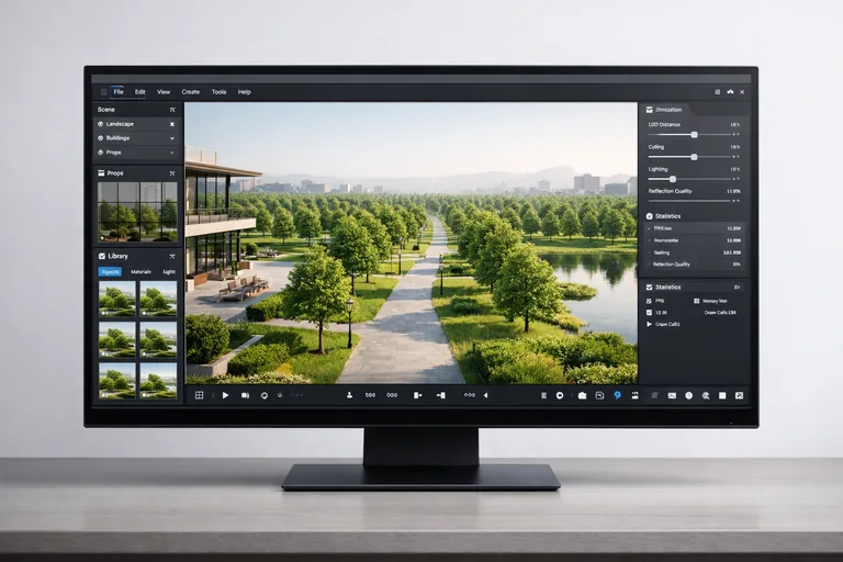 Twinmotion’da bir peyzaj sahnesinde ağaçların instancing ile çoğaltılması ve kamera yakınındaki alanlarda detayın artırılması