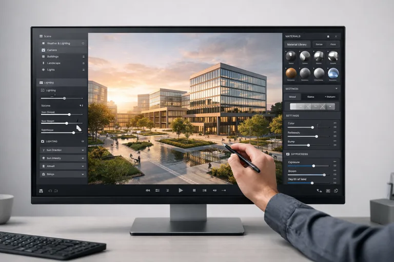 tasarımcıların büyük bir mimari proje modelini gerçek zamanlı ışık ve malzeme ayarlarıyla analiz ettiği modern çalışma ortamı