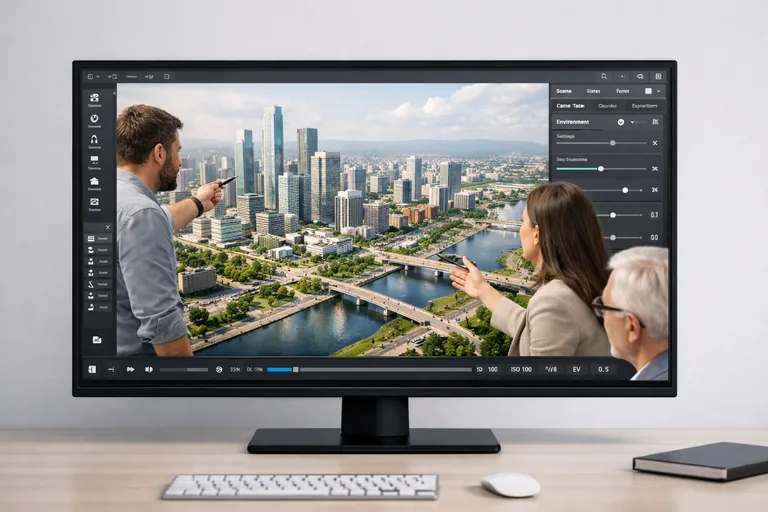 mimarların büyük ekran üzerinde şehir ölçeğinde projeyi inceleyerek animasyon ve ışık simülasyonlarını değerlendirdiği toplantı ortamı