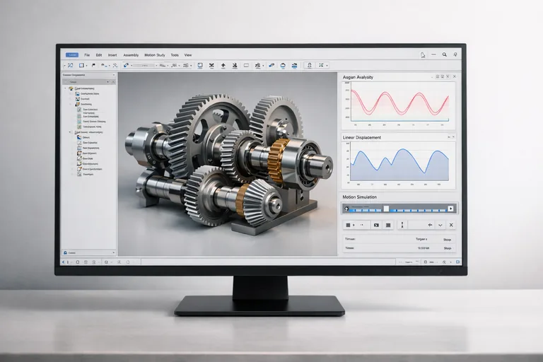 Bir CAD yazılımında montaj modellemesi yapılırken dişli mekanizmasının birbirine bağlı şekilde çalışmasının analiz edildiği tasarım ekranı