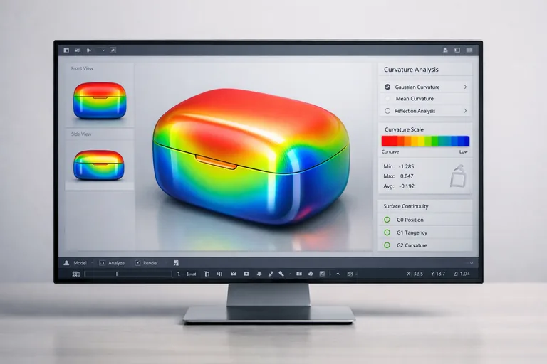 Endüstriyel ürün tasarımında pürüzsüz yüzey geçişlerinin kontrol edildiği yüksek hassasiyetli modelleme ekranı